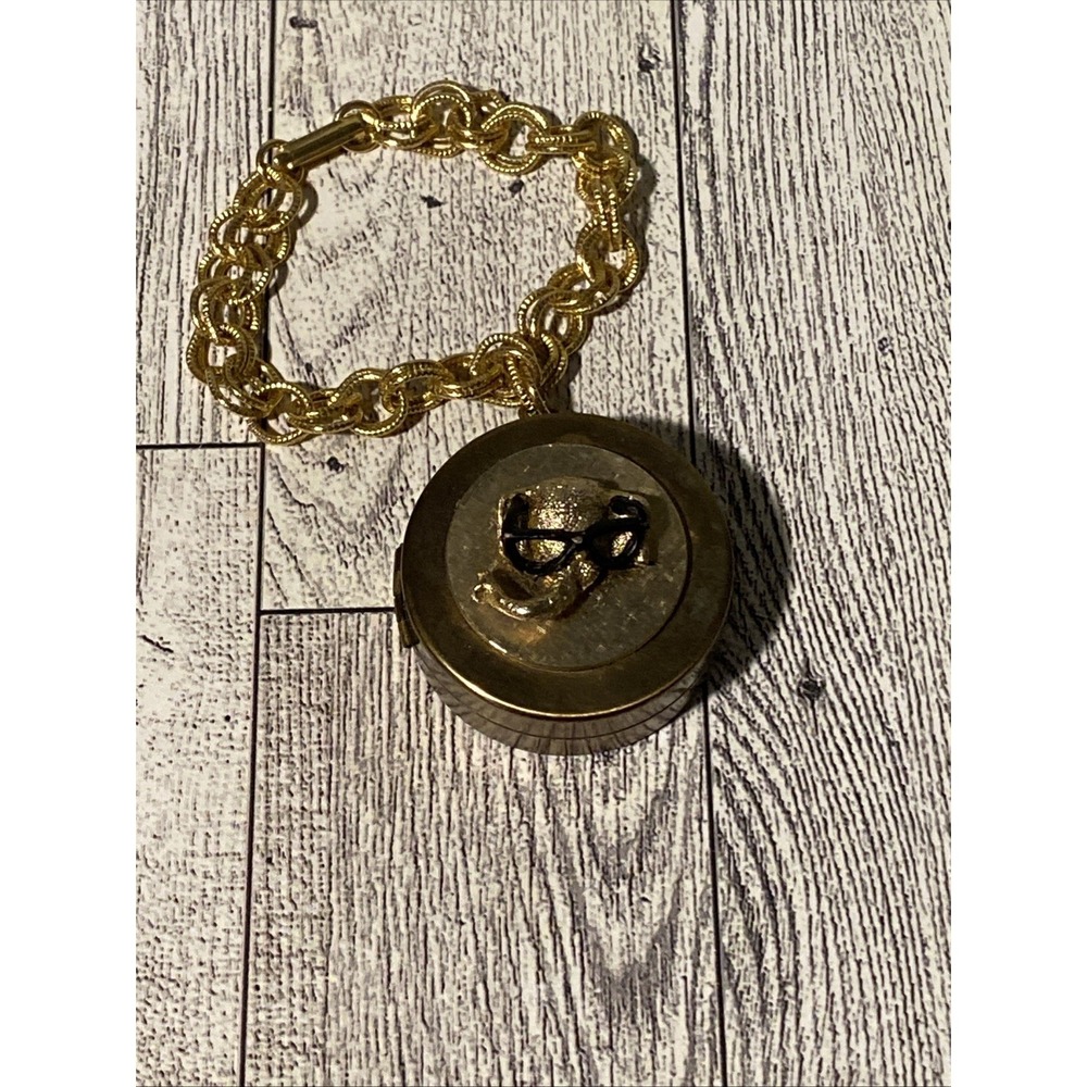 Vtg Elephant W/ Glasses Music Box Charm Bracelet Brass Enamel MCM Compact
